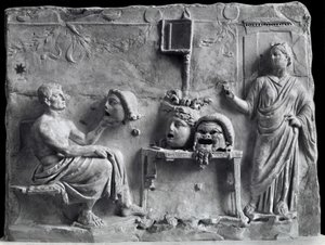 Relief depicting Menander with theatrical masks, copy of a Greek original by Unbekannt Unbekannt
